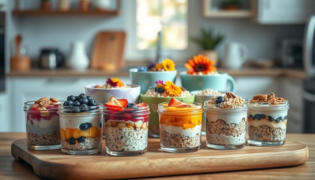 A beautifully arranged box of various oatmeal dessert recipes, showcasing different flavors and styles. In the foreground, an elegant wooden presentation board holds small glass jars filled with colorful oatmeal variations, topped with fresh fruits, nuts, and a drizzle of honey. The middle layer features a tasteful selection of vibrant oatmeal bowls, artfully decorated with edible flowers and seeds. In the background, a softly blurred kitchen with natural light filtering through a window creates a warm and inviting atmosphere. The scene is bright and cheerful, evoking a sense of health and indulgence, ideal for a clean-eating lifestyle. The image should have a soft focus, emphasizing the textures and colors of the ingredients, creating an appetizing and appealing visual.