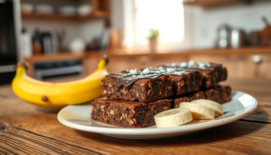 A beautifully arranged plate of banana oat brownies, showcasing their rich, moist texture, with a drizzle of dark chocolate on top. The brownies are garnished with a sprinkle of sea salt and a handful of fresh, vibrant banana slices on the side. In the background, a rustic wooden table adds warmth, with a soft-focus kitchen scene that hints at a sunny, inviting atmosphere. Natural light pours in from a nearby window, highlighting the brownies and creating gentle shadows for depth. The composition uses a shallow depth of field to keep the focus on the delectable brownies, exuding a mood of comfort and indulgence that aligns with healthy yet delicious desserts.