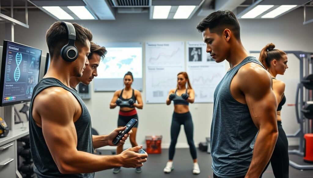 A modern fitness laboratory setting, showcasing a diverse group of athletic individuals engaged in personalized training based on genetic profiling. In the foreground, a fit trainer, dressed in professional workout attire, guides a male participant using advanced biometric equipment, possibly analyzing DNA sequencing data displayed on screens. The middle ground features two women performing exercises with high-tech fitness gear while a digital display shows genetic data and tailored workout regimes. The background features sleek laboratory equipment, charts illustrating genetic correlations, and bright, focused lighting to emphasize a motivating atmosphere. The image should evoke a sense of innovation and scientific advancement in fitness training, capturing the essence of personalized strategies based on genetic insights. A modern fitness laboratory setting, showcasing a diverse group of athletic individuals engaged in personalized training based on genetic profiling. In the foreground, a fit trainer, dressed in professional workout attire, guides a male participant using advanced biometric equipment, possibly analyzing DNA sequencing data displayed on screens. The middle ground features two women performing exercises with high-tech fitness gear while a digital display shows genetic data and tailored workout regimes. The background features sleek laboratory equipment, charts illustrating genetic correlations, and bright, focused lighting to emphasize a motivating atmosphere. The image should evoke a sense of innovation and scientific advancement in fitness training, capturing the essence of personalized strategies based on genetic insights.
