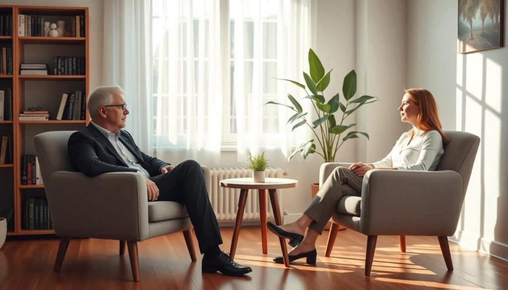 A serene and inviting therapy room, featuring a cozy seating arrangement with two comfortable armchairs and a small round table in between. A professional therapist, dressed in smart casual attire, sits engaged in conversation with a client, who appears thoughtful and receptive. Soft natural light filters through a large window, adorned with sheer curtains, casting gentle shadows on the warm wooden floor. In the background, a bookshelf filled with psychological texts and plants adds a touch of warmth and tranquility. The atmosphere conveys a sense of safety, trust, and support, capturing the essence of seeking external help and professional mental health resources. The image should evoke calmness and hope, ideal for illustrating the theme of seeking support.
