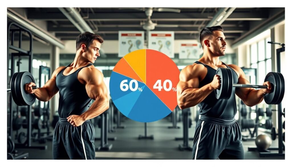 A split-screen image depicting the contrast between genetics and training in bodybuilding, inspired by a study of identical twins. In the foreground, two identical twins in professional athletic attire are engaging in different workout activities; one focuses on weightlifting while the other is performing resistance training. In the middle ground, a large pie chart visually illustrates the 60:40 ratio of muscle building contributions. The background features a well-lit gym environment, with weights, machines, and charts highlighting genetic data. Soft, natural daylight enhances the scene, capturing a focused yet motivational atmosphere. The angle of the view emphasizes the twins' expressions, showcasing determination and effort in their workouts, while the gym's ambiance inspires a sense of commitment and professionalism. A split-screen image depicting the contrast between genetics and training in bodybuilding, inspired by a study of identical twins. In the foreground, two identical twins in professional athletic attire are engaging in different workout activities; one focuses on weightlifting while the other is performing resistance training. In the middle ground, a large pie chart visually illustrates the 60:40 ratio of muscle building contributions. The background features a well-lit gym environment, with weights, machines, and charts highlighting genetic data. Soft, natural daylight enhances the scene, capturing a focused yet motivational atmosphere. The angle of the view emphasizes the twins' expressions, showcasing determination and effort in their workouts, while the gym's ambiance inspires a sense of commitment and professionalism.