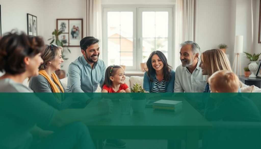 A warm, inviting family gathering scene capturing a healthy interaction among family members. In the foreground, a diverse group of three adults and two children are engaged in a meaningful conversation while seated around a cozy, well-lit living room table. The adults, dressed in modest casual attire, smile and maintain open body language, indicating a supportive and understanding environment. In the middle, soft natural light filters through large windows, creating a bright and uplifting atmosphere. The background features a comfortable home setting with plants and family photos, emphasizing connection and warmth. The overall mood is positive and encouraging, illustrating practical strategies for healthier family interactions. The camera angle is slightly elevated to create a sense of inclusion, focusing warmly on the family's dynamic.
