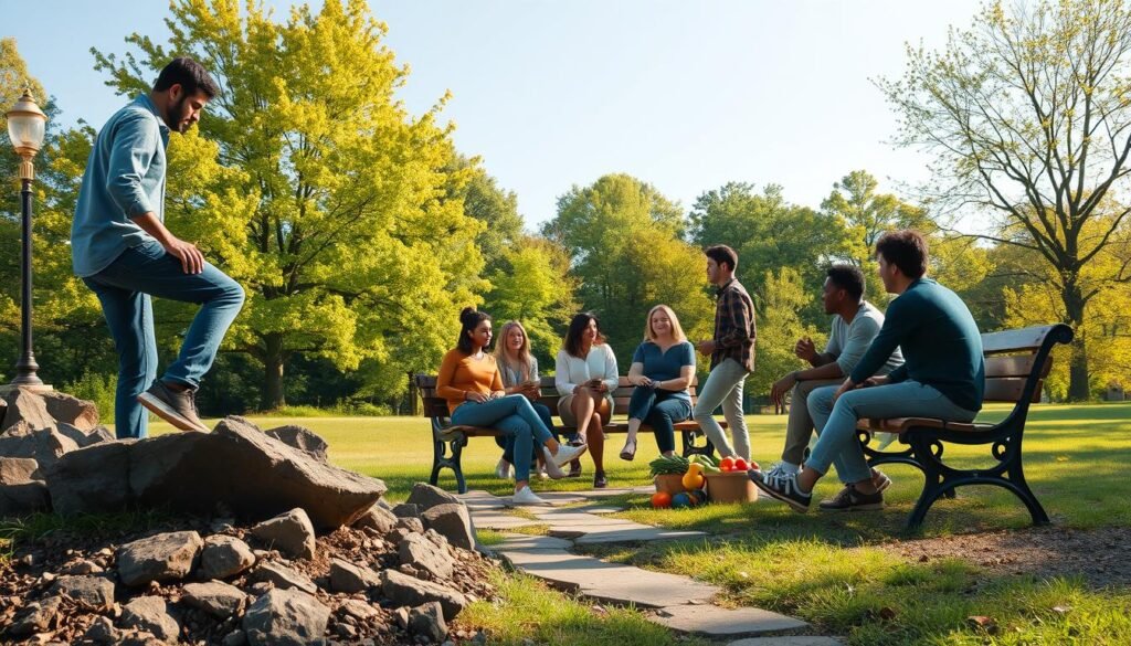A diverse group of individuals is depicted in a serene park setting, confronting various obstacles symbolizing challenges to a healthy lifestyle. In the foreground, one person is navigating a rocky path, symbolizing the struggle, while another sits on a bench, contemplating choices with a thoughtful expression. In the middle ground, a small gathering of people engages in a lively discussion over healthy meal options, surrounded by fresh fruits and vegetables. The background features vibrant green trees and a clear blue sky, suggesting hope and optimism. Soft, natural lighting enhances the scene, evoking a warm, inviting atmosphere. The image captures the idea of resilience and community in overcoming myths and barriers related to living a healthy life.