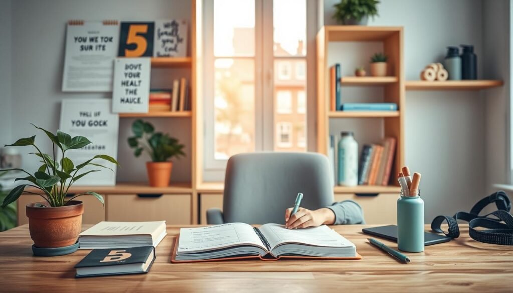 A serene and inspiring workspace scene illustrating the concept of building small, healthy habits. In the foreground, a wooden desk with neatly arranged journals and a potted plant, symbolizing growth. A person in modest casual clothing, engaged in writing or planning, is focused on a notebook filled with daily goals and tasks. In the middle, a soft light source from a nearby window illuminates the scene, creating a warm atmosphere. Shelves in the background hold motivational books and wellness items like a water bottle and exercise gear, suggesting a commitment to long-term health. Gentle, soothing colors enhance the inviting mood, encouraging viewers to embrace the journey of habit-building.