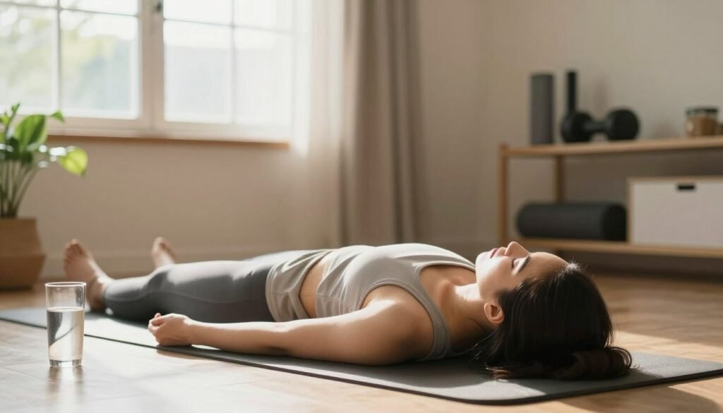 A serene indoor setting depicting a person in modest casual clothing, lying comfortably on a soft yoga mat for a total rest day. The foreground features a peaceful figure reclining with eyes closed, surrounded by calming elements like a small indoor plant and a glass of water. In the middle ground, a light-infused window allows soft, natural sunlight to illuminate the space, enhancing the atmosphere of tranquility. The background showcases a cozy room with minimalist decor, including a few fitness items subtly placed on shelves, suggesting a balance between activity and relaxation. The overall mood is calm and restorative, emphasizing the concept of recovery and the importance of taking a complete rest day. The lighting is warm and inviting, creating a sense of peacefulness.