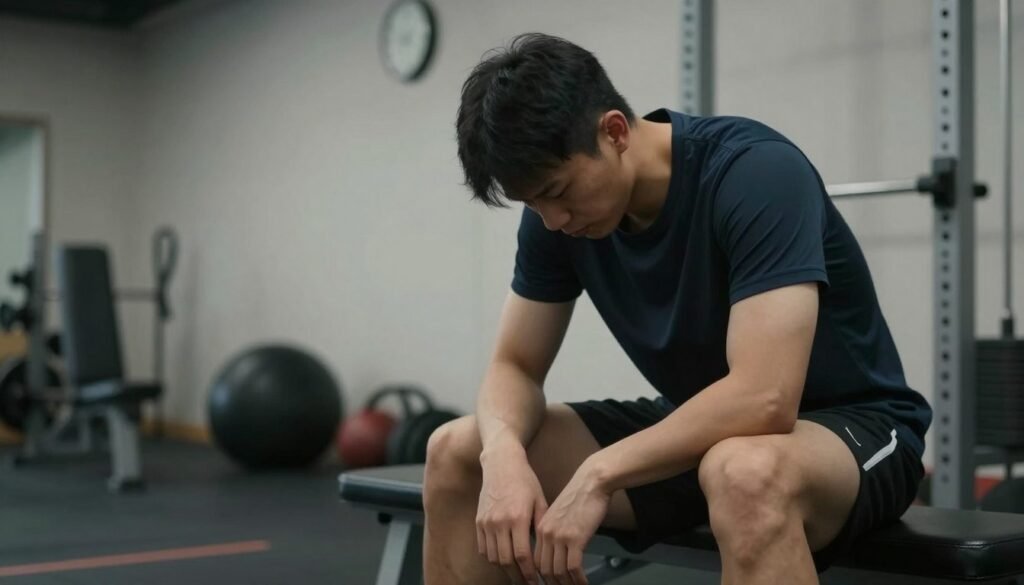 A tired athlete sitting on a gym bench, wearing modest athletic attire, showing signs of fatigue and disappointment. In the foreground, focus on the athlete's downcast expression, with hands resting on their knees. The middle ground features scattered gym equipment, conveying a sense of abandonment and weariness. In the background, soft lighting illuminates a clock on the wall, subtly indicating the late hour, suggesting prolonged training. The overall atmosphere is somber and contemplative, reflecting the dangers of overtraining. A shallow depth of field emphasizes the athlete's emotions, while ensuring clarity on their determined but exhausted posture. The scene captures the pressing need for rest over further exertion.